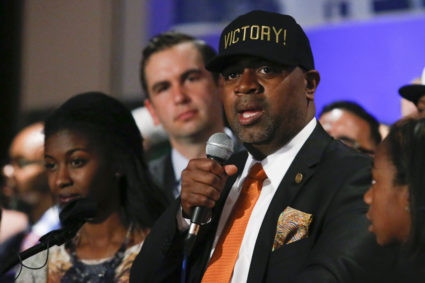 Newark's mayoral candidate Ras Baraka speaks to supporters at Election Night Party in Newark