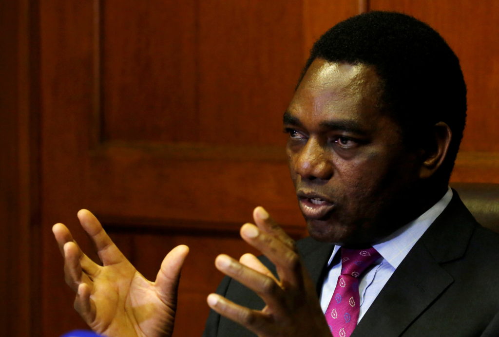 FILE PHOTO: Hakainde Hichilema, leader of ZambiaÕs opposition United Party for National Development (UPND), addresses a me...