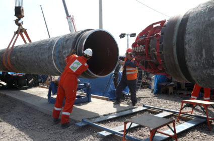 Workers are seen at the construction site of the Nord Stream 2 gas pipeline, near the town of Kingisepp, Leningrad region, Russia, June 5, 2019. Photo by Anton Vaganov/REUTERS