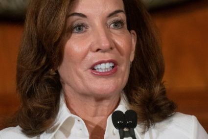New York Governor Kathy Hochul speaks to the media after a swearing-in ceremony at the New York State Capitol, in Albany, ...