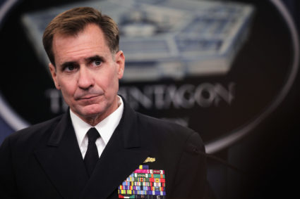 Pentagon Press Secretary Rear Admiral John Kirby listens during a press briefing at the Pentagon August 29, 2014 in Arlington, Virginia. Rear Admiral Kirby spoke on various topics including possible strategy against ISIL in Syria. Photo by Alex Wong/Getty Images