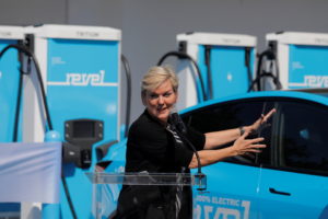 United States Secretary of Energy Jennifer Granholm delivers remarks at a ribbon cutting event for a Revel electric vehicl...
