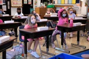 Students in their first day of school at Wilder Elementary School in Louisville, KY