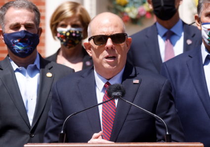 Maryland Governor Hogan leads a news conference after convening a bipartisan infrastructure summit at the Government House...