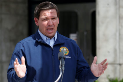 Florida Governor Ron DeSantis talks to the media during a news conference as Hurricane Dorian approaches the state, at the National Hurricane Center in Miami, Florida, U.S. August 29, 2019. Photo by Marco Bello/REUTERS