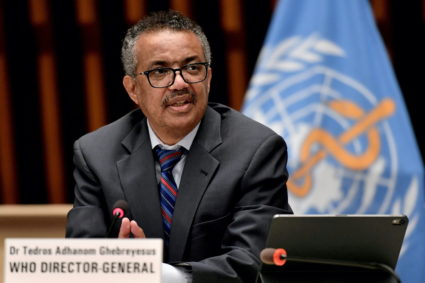 World Health Organization (WHO) Director-General Tedros Adhanom Ghebreyesus attends a news conference in Geneva Switzerland July 3, 2020. Photo by Fabrice Coffrini/Pool via REUTERS