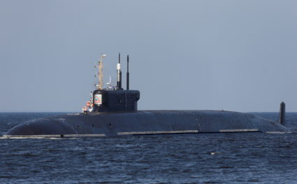 The nuclear-powered ballistic missile submarine K-549 Knyaz Vladimir arrives for the Navy Day parade in Kronstadt