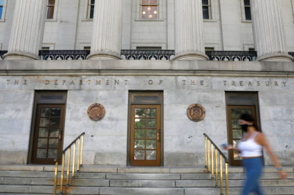 FILE PHOTO: Signage is seen at the United States Department of the Treasury headquarters in Washington, D.C.