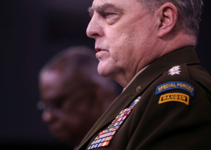 U.S. defense chiefs Austin and Milley discuss military mission in Afghanistan during news conference at the Pentagon in Wa...