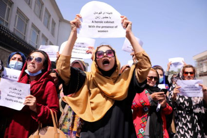 Afghan women's rights defenders and civil activists protest to call on the Taliban for the preservation of their achieveme...