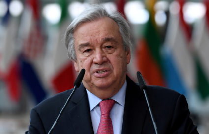FILE PHOTO: Secretary-General of the United Nations Antonio Guterres addresses the media in Brussels, Belgium June 24, 2021. Photo by John Thys/Reuters