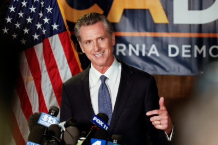 California Gov. Gavin Newsom speaks after the polls close on the recall election, at the California Democratic Party headquarters in Sacramento, California, U.S., September 14, 2021. Photo by Fred Greaves/REUTERS