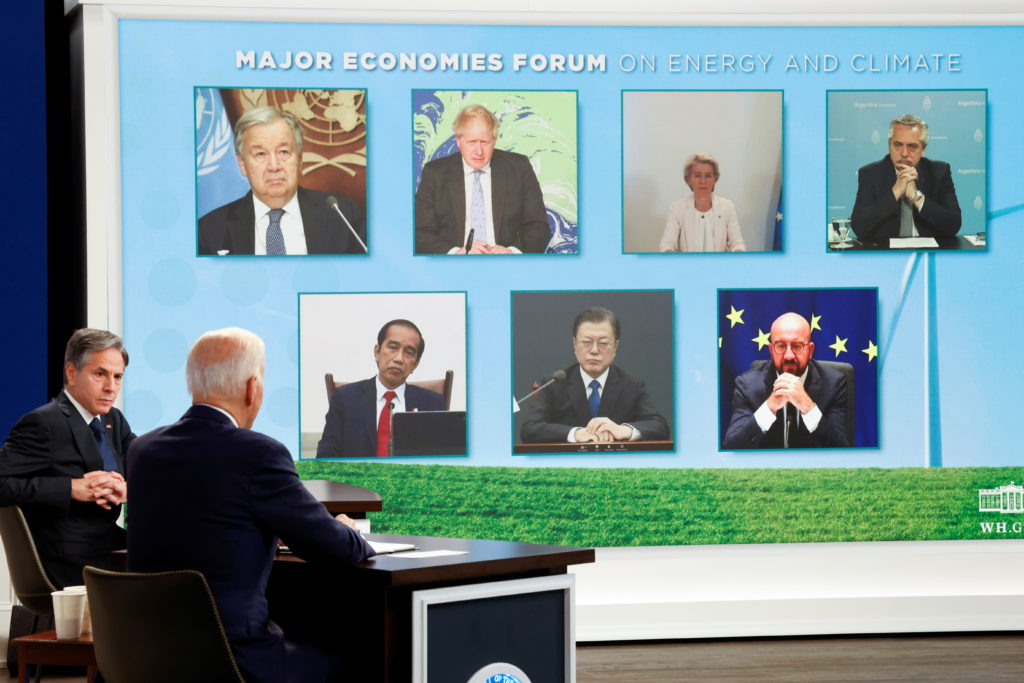 U.S. President Biden and U.S. Secretary of State Antony Blinken participate in a meeting of MEF on climate change, from an...