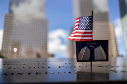 A postcard of the Twin Towers is seen at the 9/11 Memorial ahead of the 20th anniversary of the September 11 attacks in Ma...