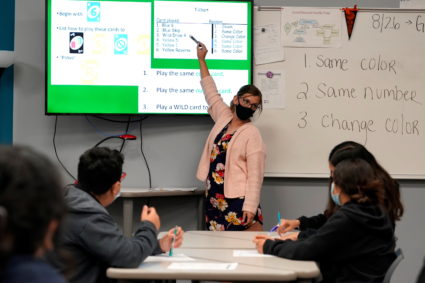 A teacher wears a mask inside Santa Fe South High School