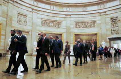Senators arrive ahead of the first address by U.S. President Joe Biden to a joint session of the U.S. Congress at the U.S....