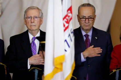 Senate Majority Leader Mitch McConnell and Senate Minority Leader Chuck Schumer look on during a ceremony to present the C...