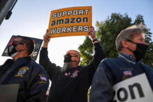 Protest in support of the unionizing efforts of the Alabama Amazon workers, in Los Angeles