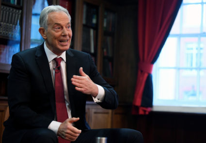 Former British Prime Minister Tony Blair speaks at the Hallam Conference Centre in London