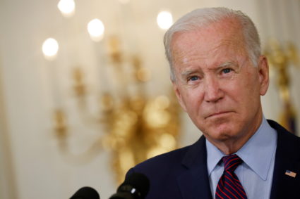U.S. President Joe Biden looks on as he delivers remarks on the U.S. debt ceiling from the State Dining Room of the White ...