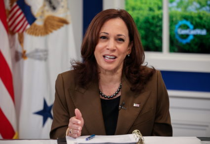 U.S. Vice President Harris participates in a virtual townhall about different care policies in the Build Back Better Agend...