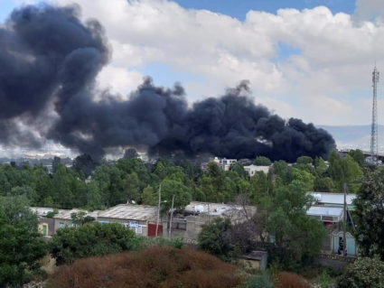 Smoke billows from the scene of an air strike, in Mekelle, the capital of Tigray region, Ethiopia October 20, 2021. Photo provided by REUTERS/Stringer