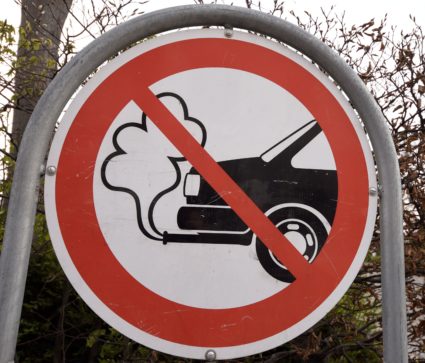 FILE PHOTO: An anti-exhaust emission traffic sign is pictured in Copenhagen