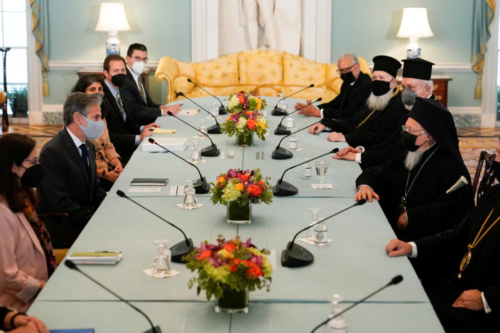 U.S. secretary of State Antony Blinken meets with Ecumenical Patriarch Bartholomew I of Constantinople at the State Depart...