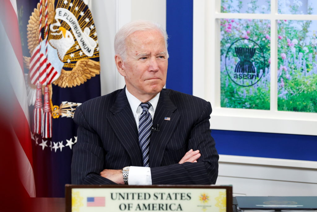 U.S. President Biden participates virtually with the ASEAN summit from an auditorium at the White House in Washington