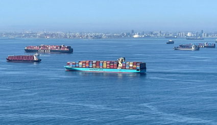 FILE PHOTO: Container ships wait off the coast of the congested Ports of Los Angeles and Long Beach in Long Beach, California