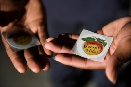 View of "I'm a Georgia voter" stickers on the penultimate day of early voting ahead of Election Day 2020, in Atlanta, Sout...