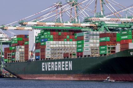 The congested Port of Los Angeles is shown from San Pedro, California