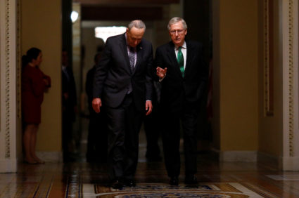 Schumer (D-NY) and McConnell (R-KY) walk to the Senate chamber on Capitol Hill in Washington
