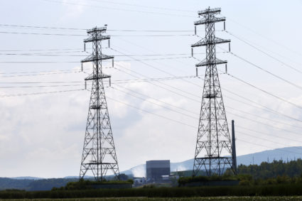 Power lines in Hinsdale, New Hampshire, lead away from the Vermont Yankee nuclear power plant in Vernon, Vermont