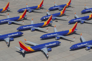 FILE PHOTO: A number of grounded Southwest Airlines Boeing 737 MAX 8 aircraft are shown parked at Victorville Airport in V...