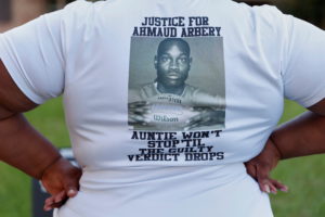 Ahmaud Arbery’s aunt Thea Brooks is pictured in her front yard in Brunswick