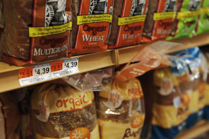 The price of bread is seen on a store shelf in New York