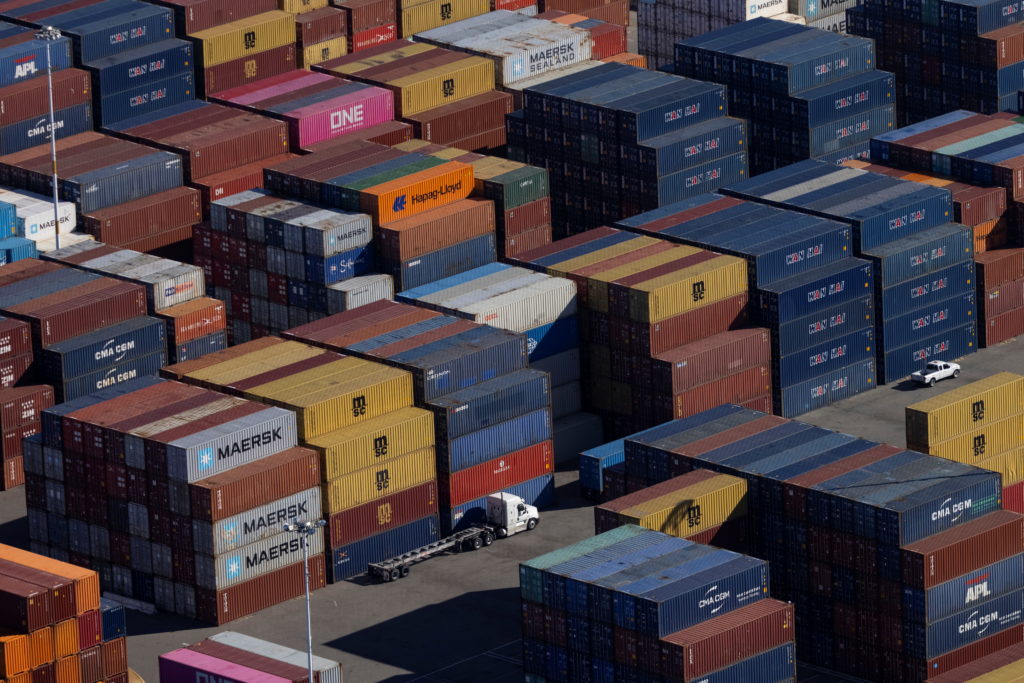 Shipping containers are seen at the container terminal of the port of Oakland