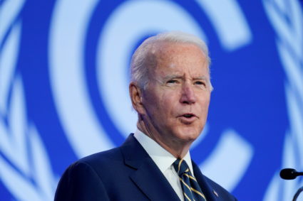 U.S. President Joe Biden speaks during the UN Climate Change Conference (COP26) in Glasgow, Scotland, Britain November 1, 2021. Photo by Evan Vucci/ Pool via REUTERS