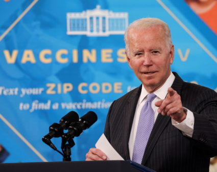 U.S. President Joe Biden delivers remarks on the authorization of the coronavirus disease (COVID-19) vaccine for kids ages 5 to 11, during a speech in the Eisenhower Executive Office Building’s South Court Auditorium at the White House in Washington, U.S., November 3, 2021. Photo by Evelyn Hockstein/Reuters.