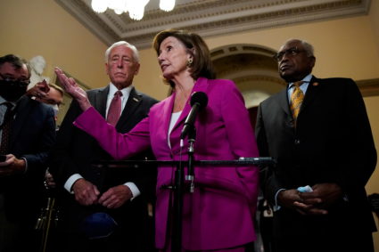 House Speaker Nancy Pelosi (D-CA) delivers remarks with U.S. Representative Steny Hoyer (D-MD) and U.S. Representative Jam...