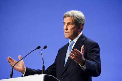 U.S. climate envoy John Kerry speaks during a joint China and US statement on a declaration enhancing climate action, at the COP26 climate conference in Glasgow, Britain November 10, 2021. Photo by Jeff J Mitchell/Pool via REUTERS