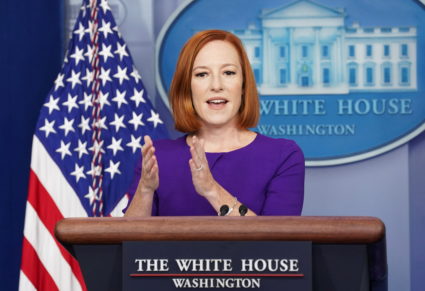 White House Press Secretary Jen Psaki, on her first day back after testing positive for COVID-19, speaks during a press briefing at the White House in Washington, U.S., November 12, 2021. Photo by Kevin Lamarque/REUTERS