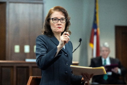 Prosecutor Linda Dunikoski asks for evidence be brought into the courtroom, as the murder trial over the killing of Ahmaud Arbery continues, in Brunswick, Georgia, U.S. November 16, 2021. Photo by Stephen B. Morton/Pool via REUTERS