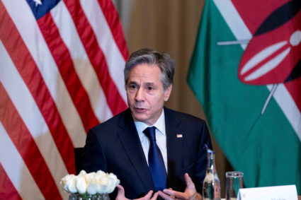 U.S. Secretary of State Antony Blinken speaks as he attends a civil society roundtable at the Sankara Hotel in Nairobi