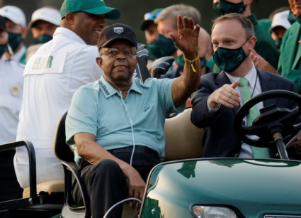 Honorary starter Lee Elder of the U.S. before the ceremonial start on the first day of play at the Masters at Augusta National Golf Club in Augusta, Georgia, U.S on April 8, 2021. Brian Snyder/REUTERS