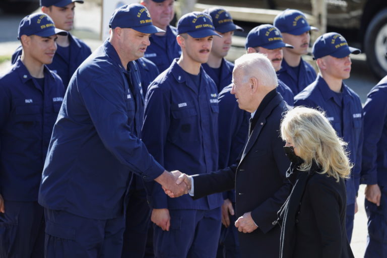 U.S. President Joe Biden and first lady Jill Biden meet military service members on Thanksgiving Day, in Nantucket island