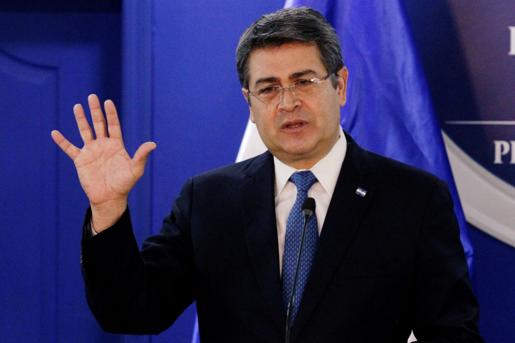 FILE PHOTO: Honduras' President Juan Orlando Hernandez speaks during a joint message with U.S. Department of Homeland Secu...