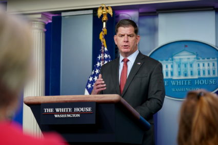FILE PHOTO: Secretary of Labor Marty Walsh speaks during a news conference at the White House in Washington