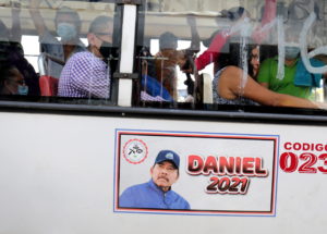 A poster promoting Nicaragua President Ortega as a presidential candidate is displayed on a public bus ahead of the countr...